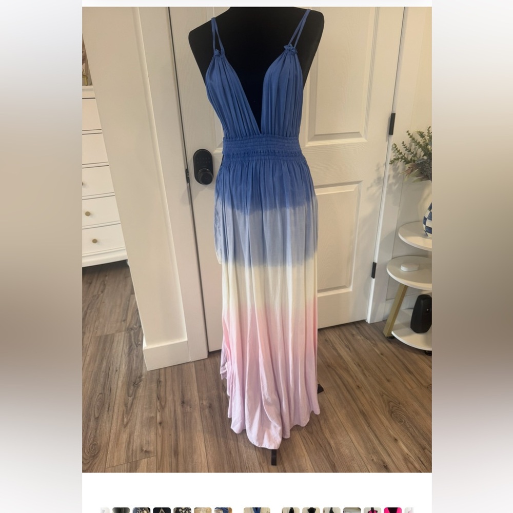 Tiare Hawaii Blue Ombre Maxi Dress with Pink and Cream Panels